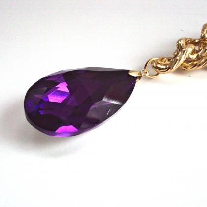 Purple Pendant Necklace, Big Crystal Teardrop..
