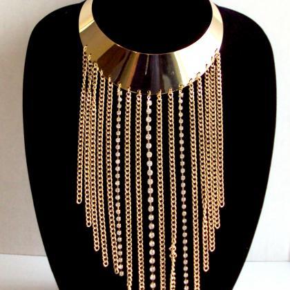 Gold Colar Chain Necklace, Crystal Long Tassel..