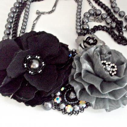 Glamorous Black Necklace With Flowers Accent,..