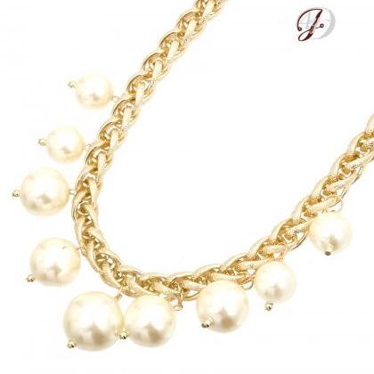 Big Cream Pearl Necklace, Statement Gold Chain..