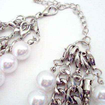 Long Pearl Necklace, Layered Silver Chain With..