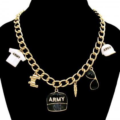 Army Charm Necklace, Gold Chain With Black And..