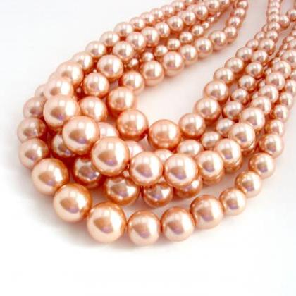 Gold Pearl Necklace, Light Brown Multi Strand..