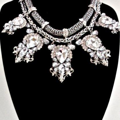 Silver Statement Necklace, Big Silver Crystal..