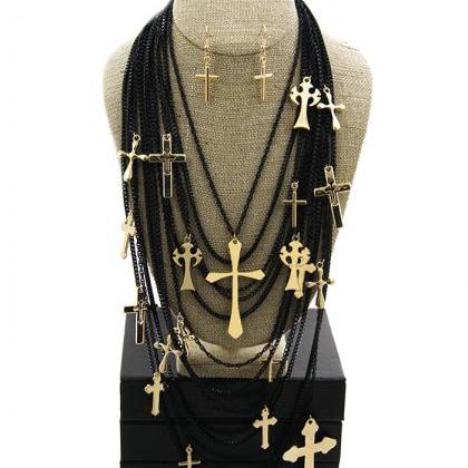 Cross Necklace, Statement Black Layered Chain..