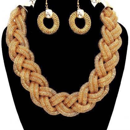 Gold Necklace Set, Statement Gold Mesh Chain..