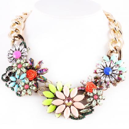 Colorful Bib Necklace, Gold Flower Necklace,..