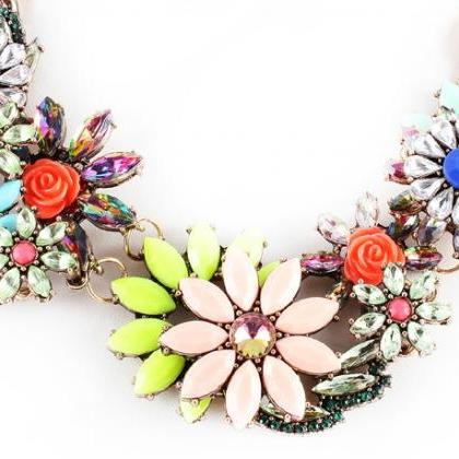 Colorful Bib Necklace, Gold Flower Necklace,..