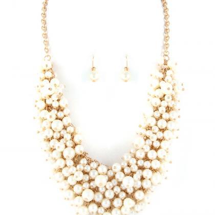 Cream Cluster Pearl Necklace, Bib Pearl Jewelry,..
