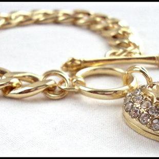 Gold Charm Bracelet, Heart Pendant Bracelet, I..