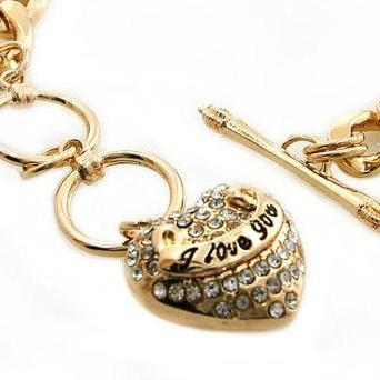 Gold Charm Bracelet, Heart Pendant Bracelet, I..