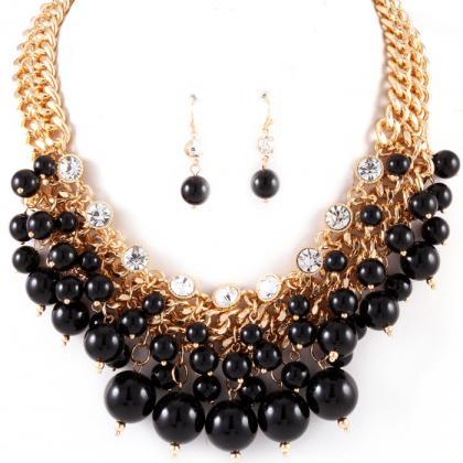 Multi Layered Black Pearl Necklace, Cluster Bib..