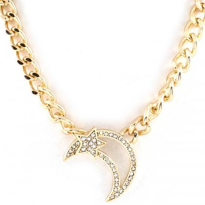 Moon And Star Necklace, Gold Chain With Crystal..