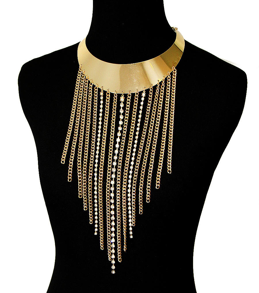 Gold Colar Chain Necklace, Crystal Long Tassel Necklace