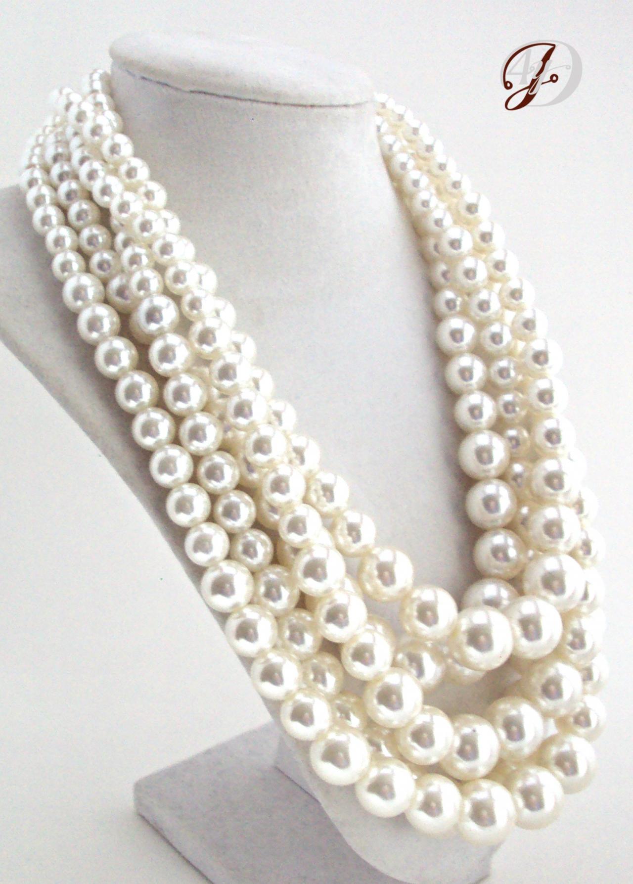 Cream Pearl Necklace, Chunky Layered Bold Pearl Statement Necklace