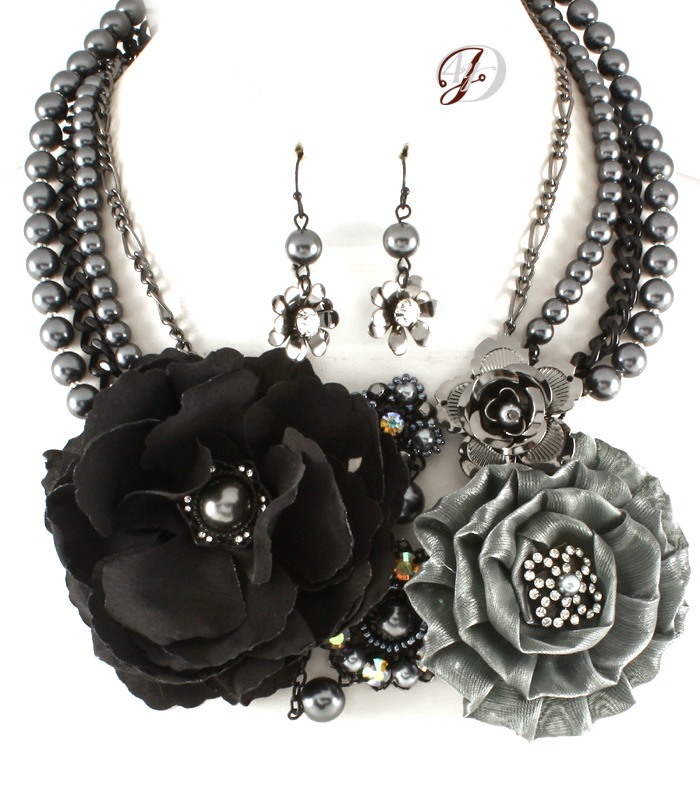 Glamorous Black Necklace With Flowers Accent, Beaded Bib Statement Set