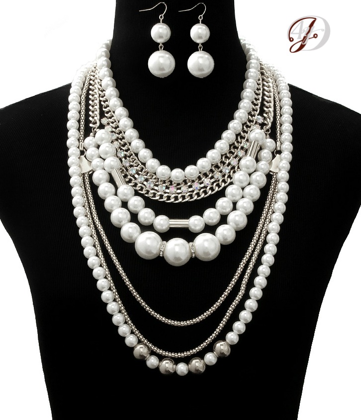 Long Pearl Necklace, Layered Silver Chain With Pearl And Crystal, Fashion Statement