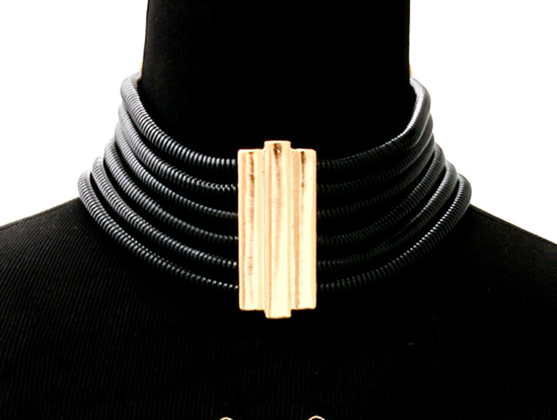 Black Choker Necklace, Multi Layered Cocoon Chain Necklace With Gold Connector, Celebrity Inspired
