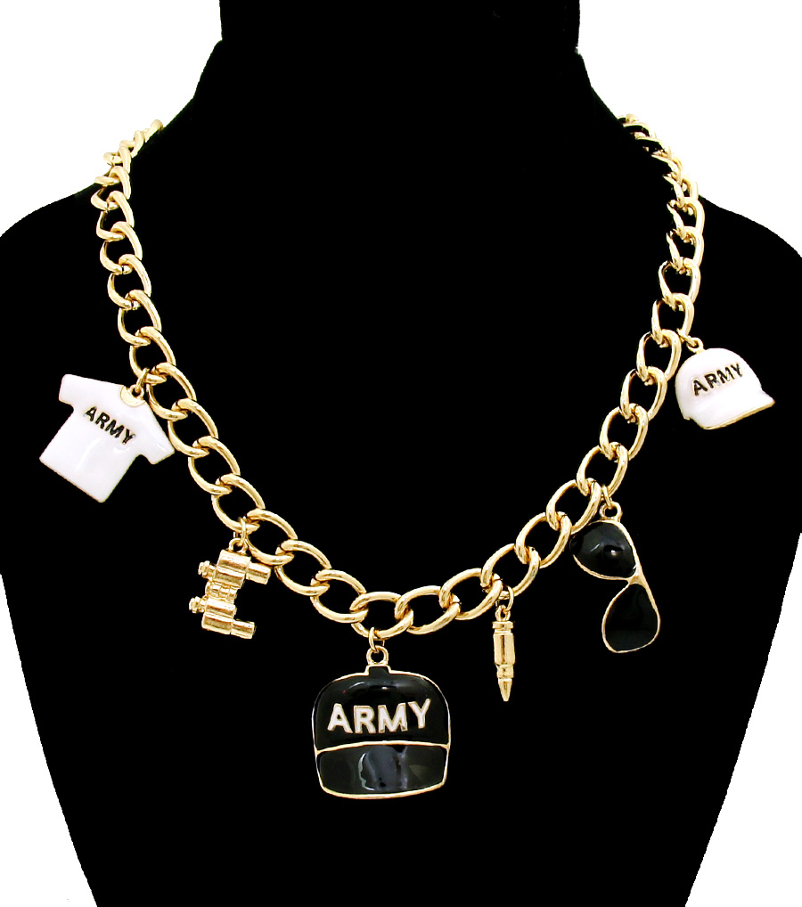 Army Charm Necklace, Gold Chain With Black And White Army Charm