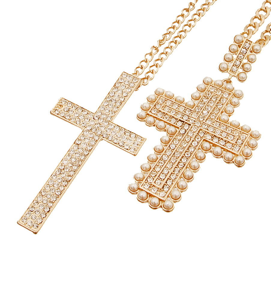 Long Cross Pendant Necklace, Gold Layered Necklace With Two Cross Pearl Pendant