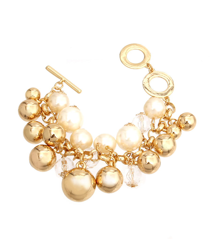 Charm Bracelets, Gold Charm Bracelet With Toggle Clasp, Pearl And Balls Bracelet