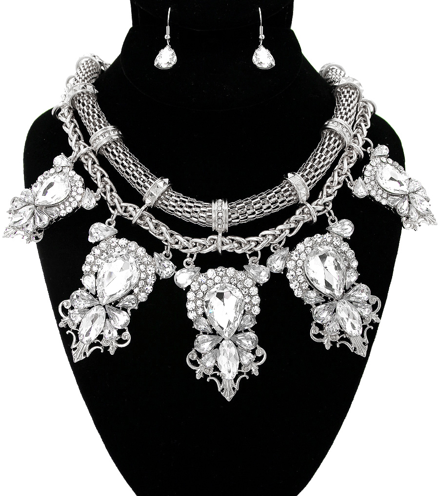 Silver Statement Necklace, Big Silver Crystal Party Necklace