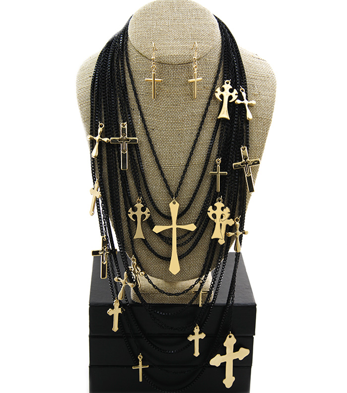 Cross Necklace, Statement Black Layered Chain Necklace With Gold Cross Pendant, Dangling Multi Cross Charms