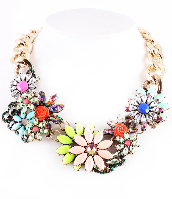 Colorful Bib Necklace, Gold Flower Necklace, Chunky Bold Chokerl Statement Necklaces, Formica Glass Stone