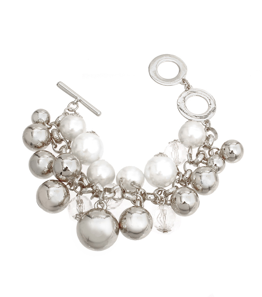 Charm Bracelets, Silver Charm Bracelet With Toggle Clasp, Pearl And Balls Bracelet