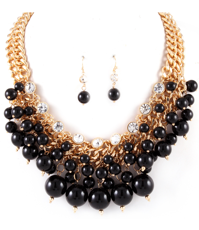 Multi Layered Black Pearl Necklace, Cluster Bib Dangle Rhinestone And Pearl Necklace, Black Necklace