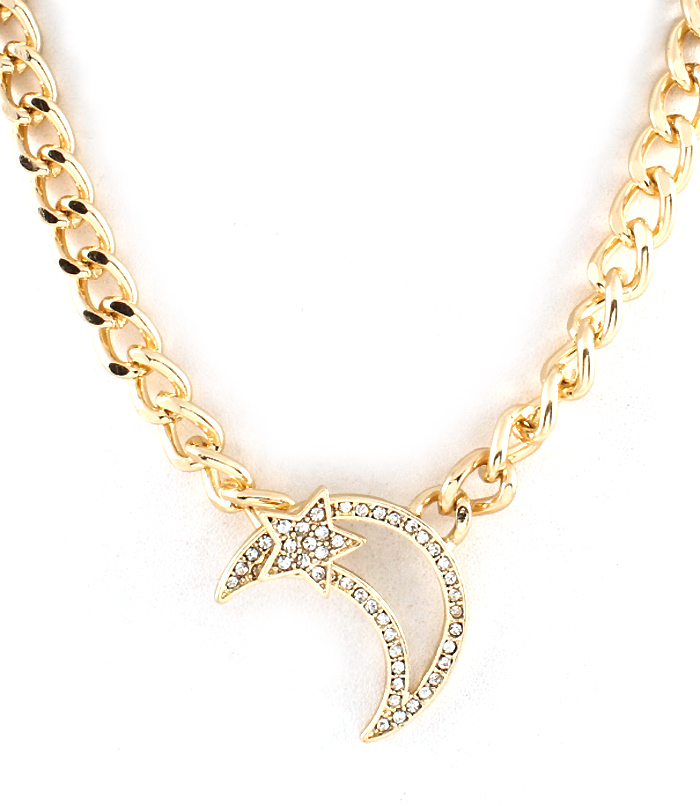 Moon And Star Necklace, Gold Chain With Crystal Moon And Star Front Closure