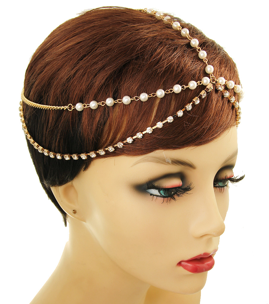 Cream Pearl Layered Head Chain, Gold Boho Stayle Hair Jewelry, Bridal Head Chain By 4yjd