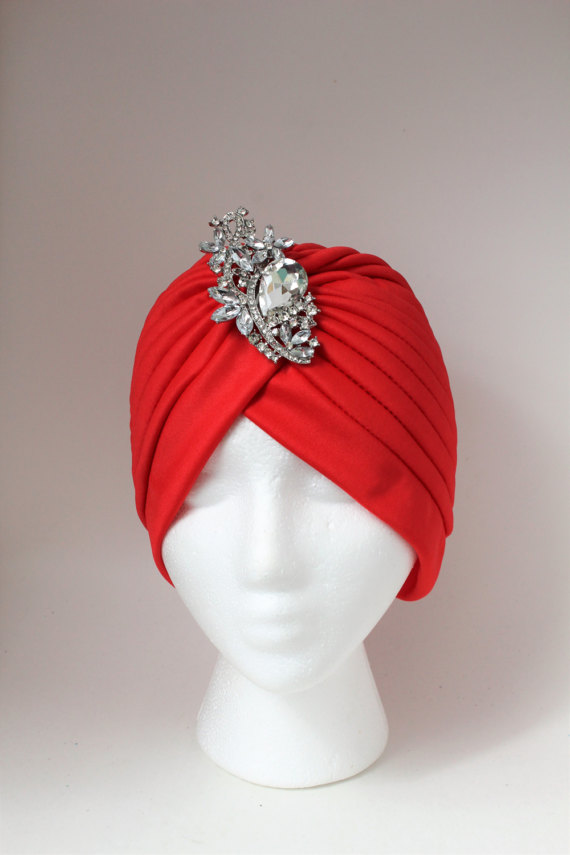 Red Turban, Turban For Woman, Evening Hat, Front Twist Turban With Brooch
