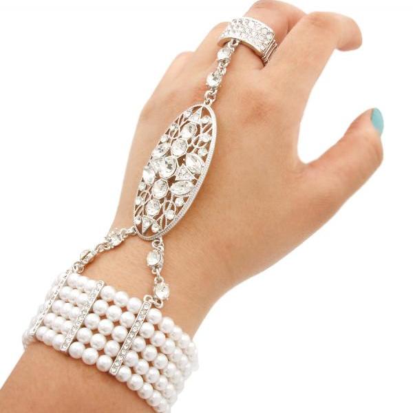 Pearl Bracelet With Ring, 1920 Great Gatsby Inspired Bracelet, Silver