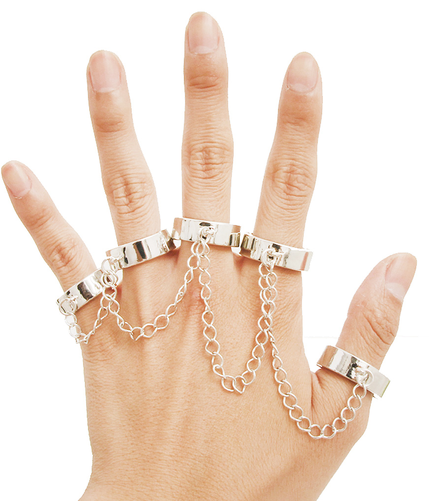 4 Fingers Chained Rings, Fashion Silver Ring With Chain, Linked Ring