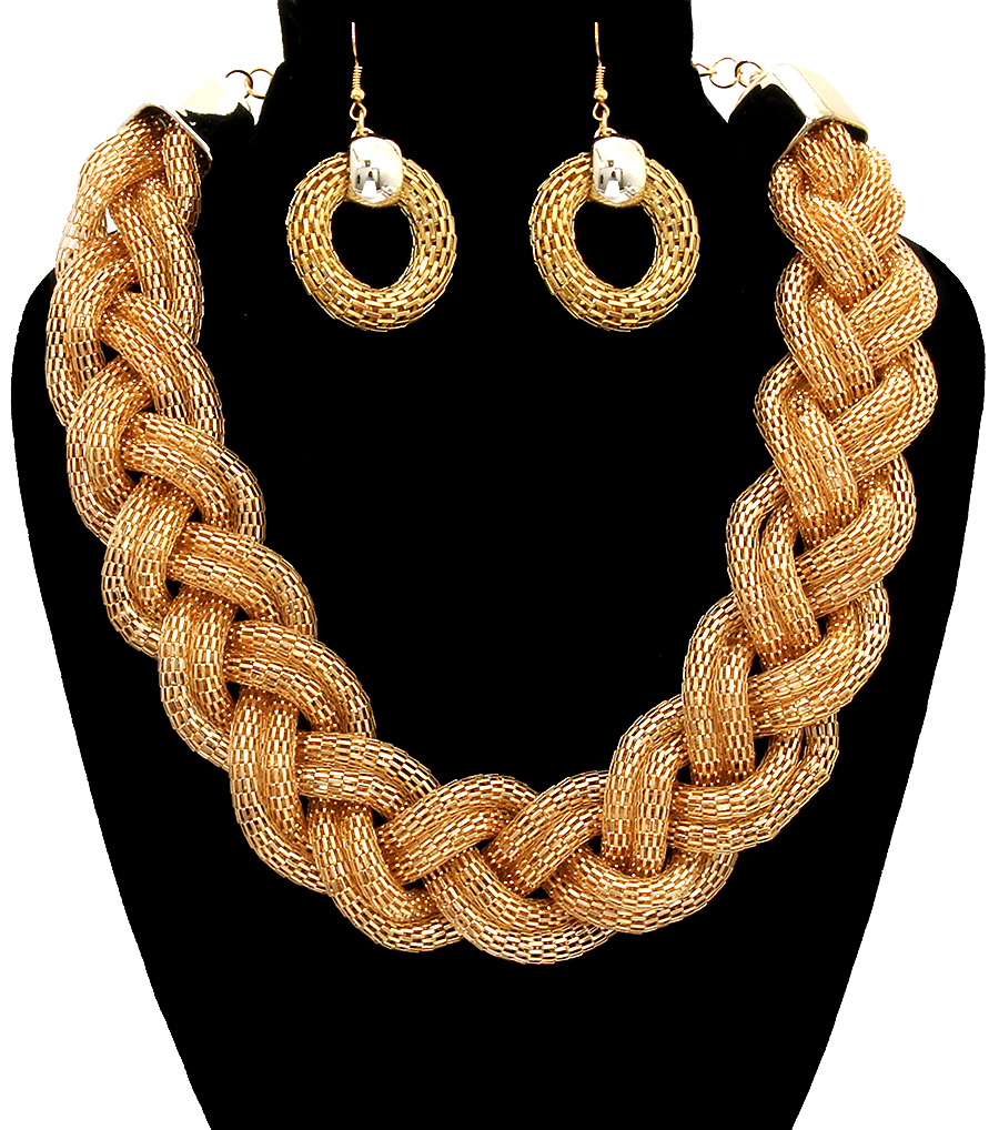 Gold Necklace Set, Statement Gold Mesh Chain Braided Necklace, Choker
